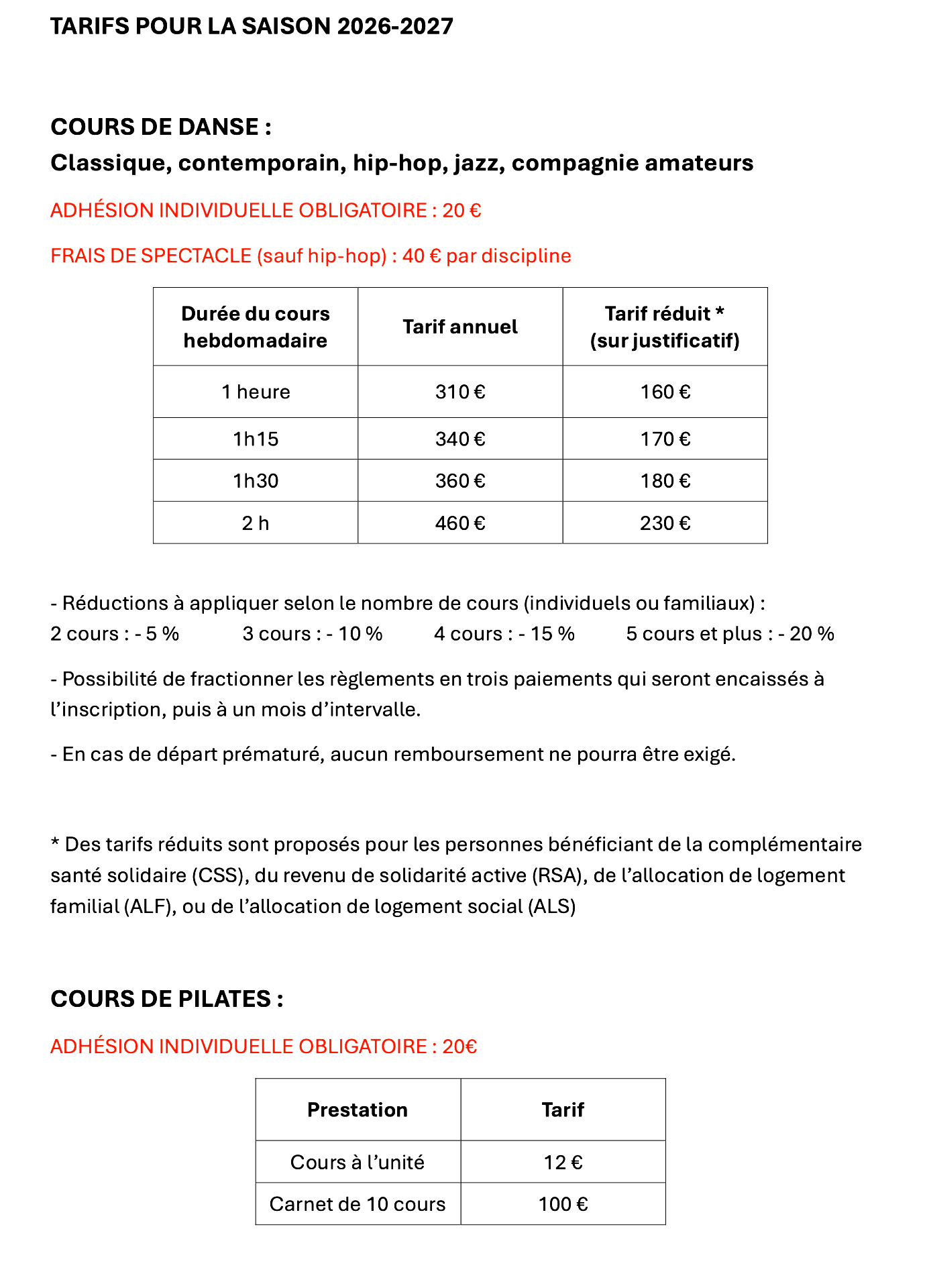Tarifs 2026 2027